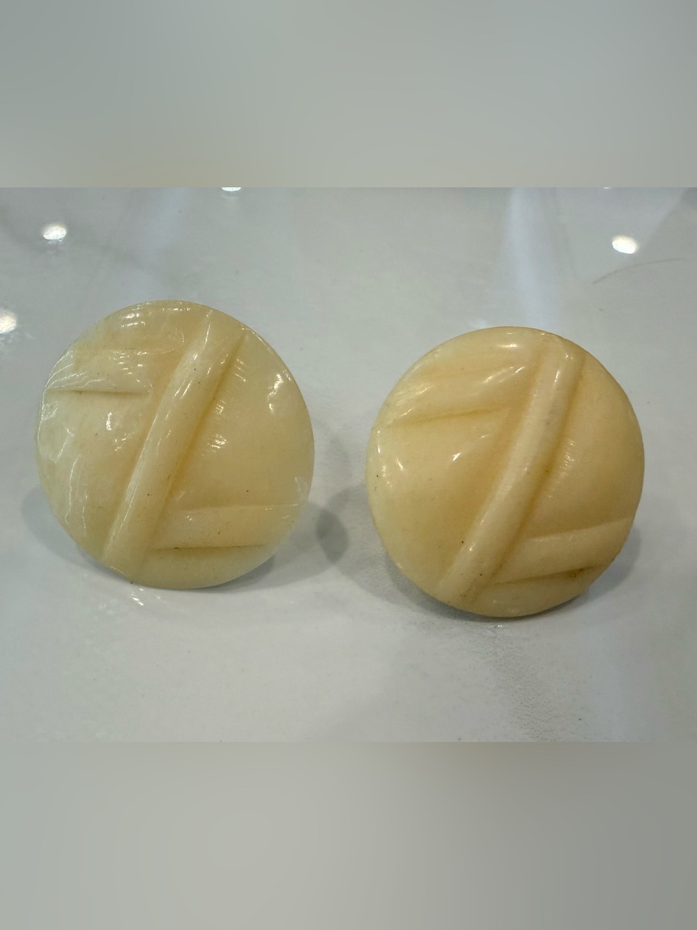 Carved Bone Gold filled Vintage Round Clip-On Earrings Cream w/modern design